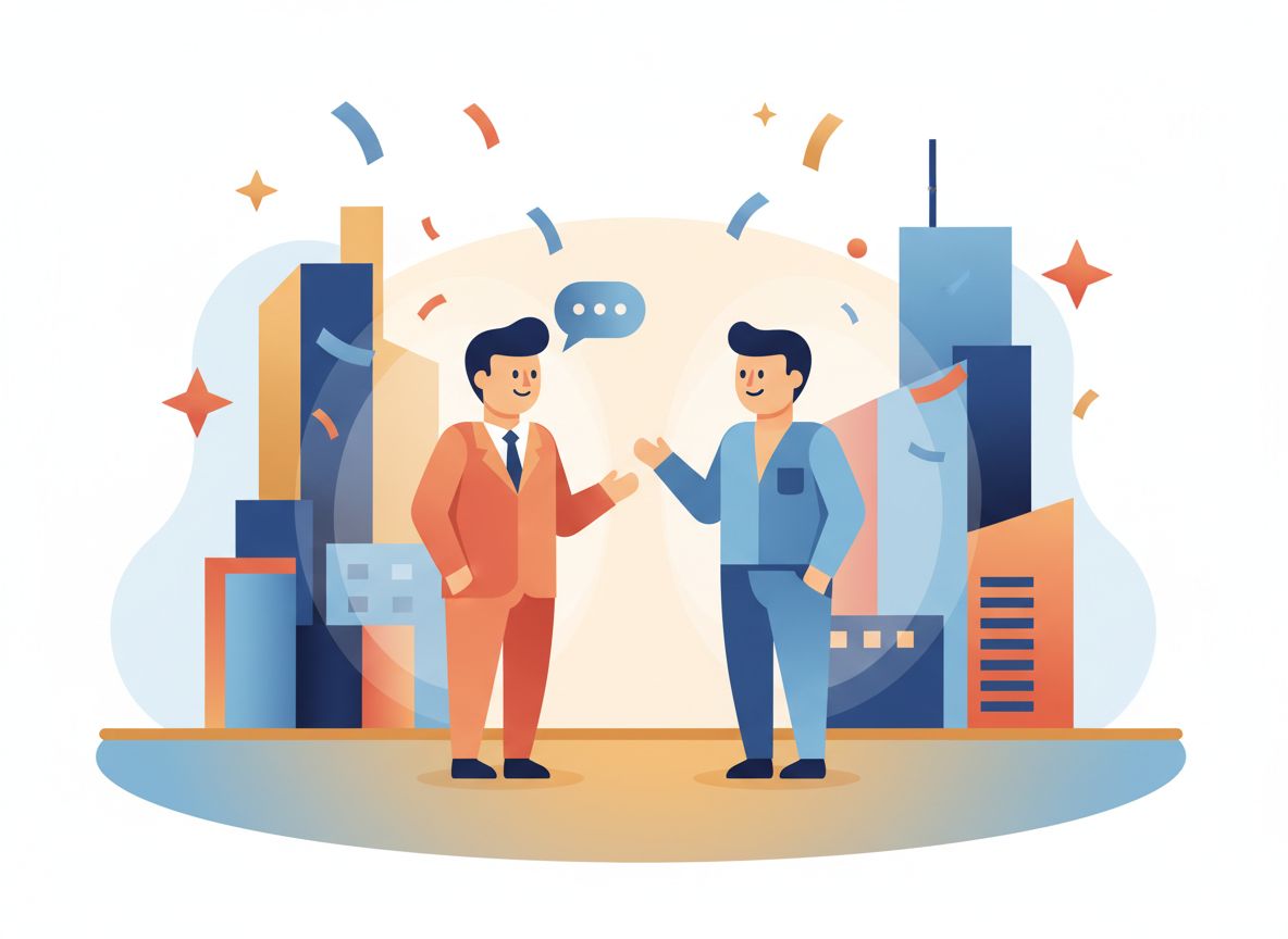 Ilustração de duas pessoas conversando e fechando uma parceria, com confete comemorando